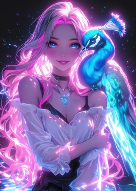 Neon Girl with Peacock