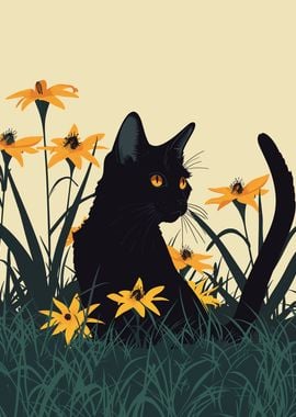 Black Cat with Yellow Lily