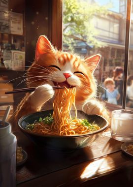 Japanese Cat Eating Ramen