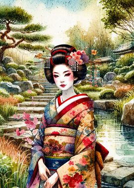 Geisha in  Japanese Garden