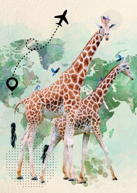 Giraffe couple on worldmap