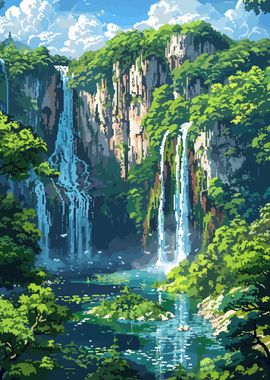 Waterfall Forest Pixel Art