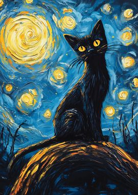 Black Cat Starry Night Sky