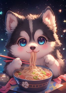 Husky eating Spaghetti