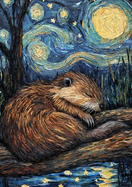 Beaver Sleeping Starry Night