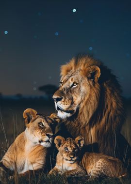 Lion Family Under Stars