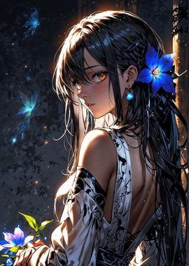 Anime Girl with Blue Flowers