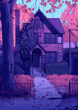 Purple House with Autumn Leaves