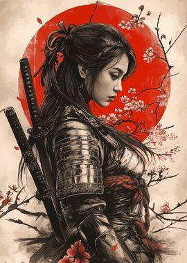 Samurai Woman with Cherry Blossoms