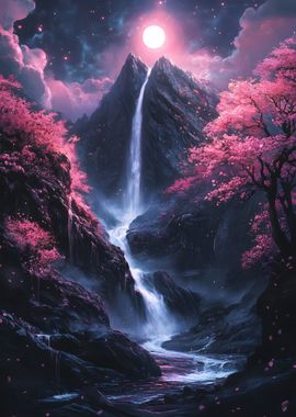 Glow Moon Waterfall Cherry Blossom Mountain