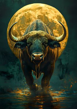 Bull Buffalo Africa Under Full Moon