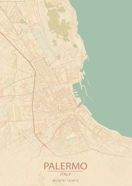 Palermo Italy Vintage Style City Map