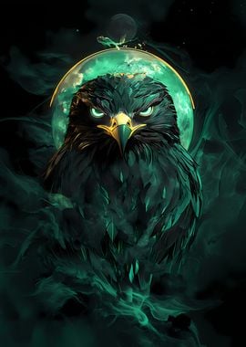 Green Eagle Falcon Bird with Moon