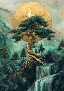 Golden Tree Bonsai and Waterfall Zamrud Textured