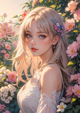 Anime Girl in Flower Garden