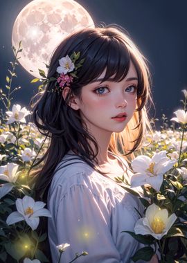 Anime Girl in Moonlight with flower