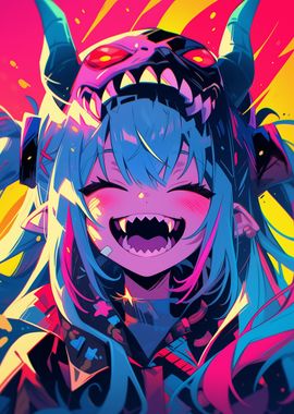 Smiling Anime Girl with Demon Mask