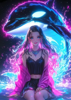 Neon Girl with Whale