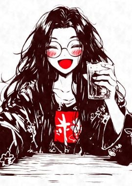 Smiling Anime Girl with Drink