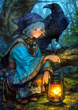 Girl with Lantern and Raven