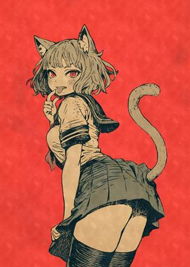 Vintage Cat Girl in School Uniform