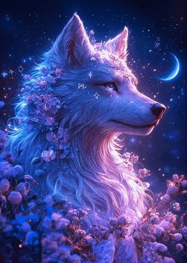 Mystical Wolf with Flowers