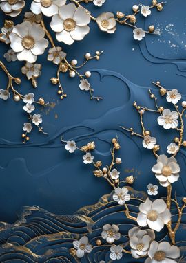 3D White Cherry Blossoms on Navy Blue