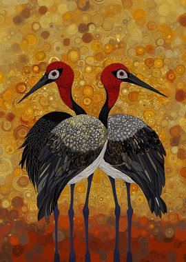 Two Cranes on Golden Background