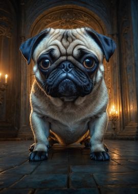 Grumpy Pug in a Grand Hall