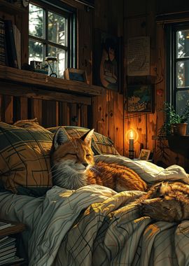 Cute Fox Sleeping on Bed