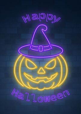 Neon pumpkin in witch hat