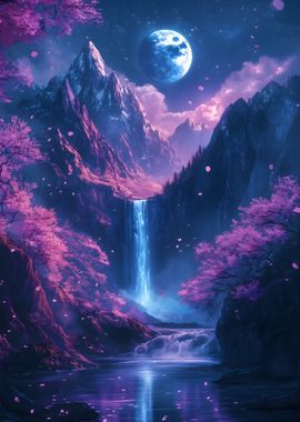 Moon Waterfall mountain cherry blossom landscape