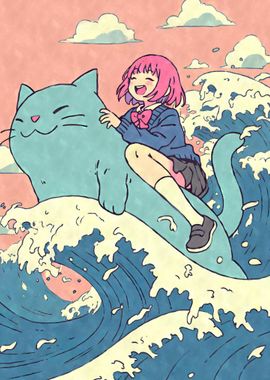 Kawaii Anime Girl Riding Cat