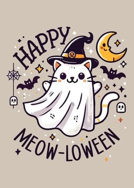 Happy Meow-loween Funny Cute Halloween Cat Ghost