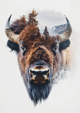 Bison and Forest Double Exposure