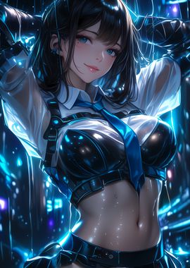 Anime Girl in Blue and Black under Raining