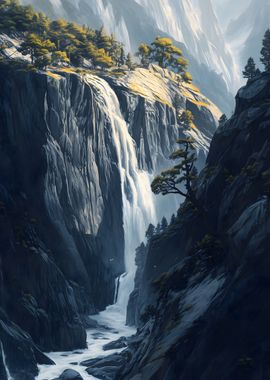 Majestic Waterfall in Mountain Gorge