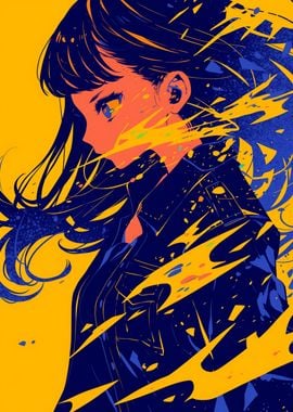 Anime Girl with Yellow and Blue Splashes