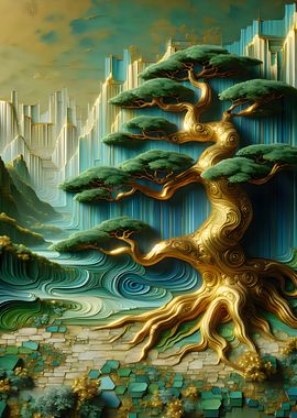 Golden Bonsai Tree Abstract Landscape