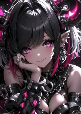 Demon Anime Girl with Pink Highlights