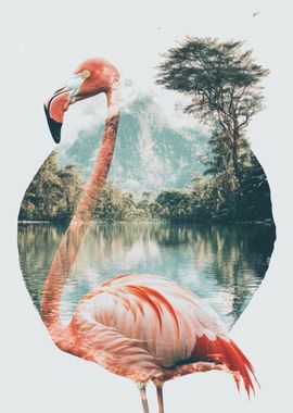 Pink Flamingo with Tropical Landscape