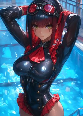 Anime Girl in Black and Red at Swimming Pool