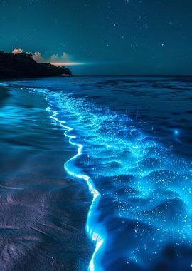 Blue Glowing Beach at Night