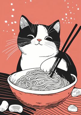 Cat Eating Ramen Noodles