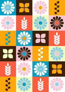 Retro Floral Colorful Block Pattern