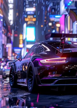 Black Sports Car in Neon City