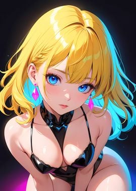 Anime Girl with Blue Eyes Wearing Black Bikini