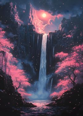 Waterfall in a Dreamy Forest Cherry Blossom