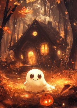 Cute Ghost Halloween Scene