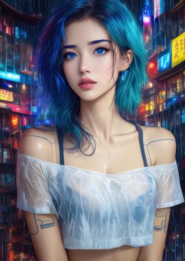 Anime Cyberpunk Girl in Neon City Rain